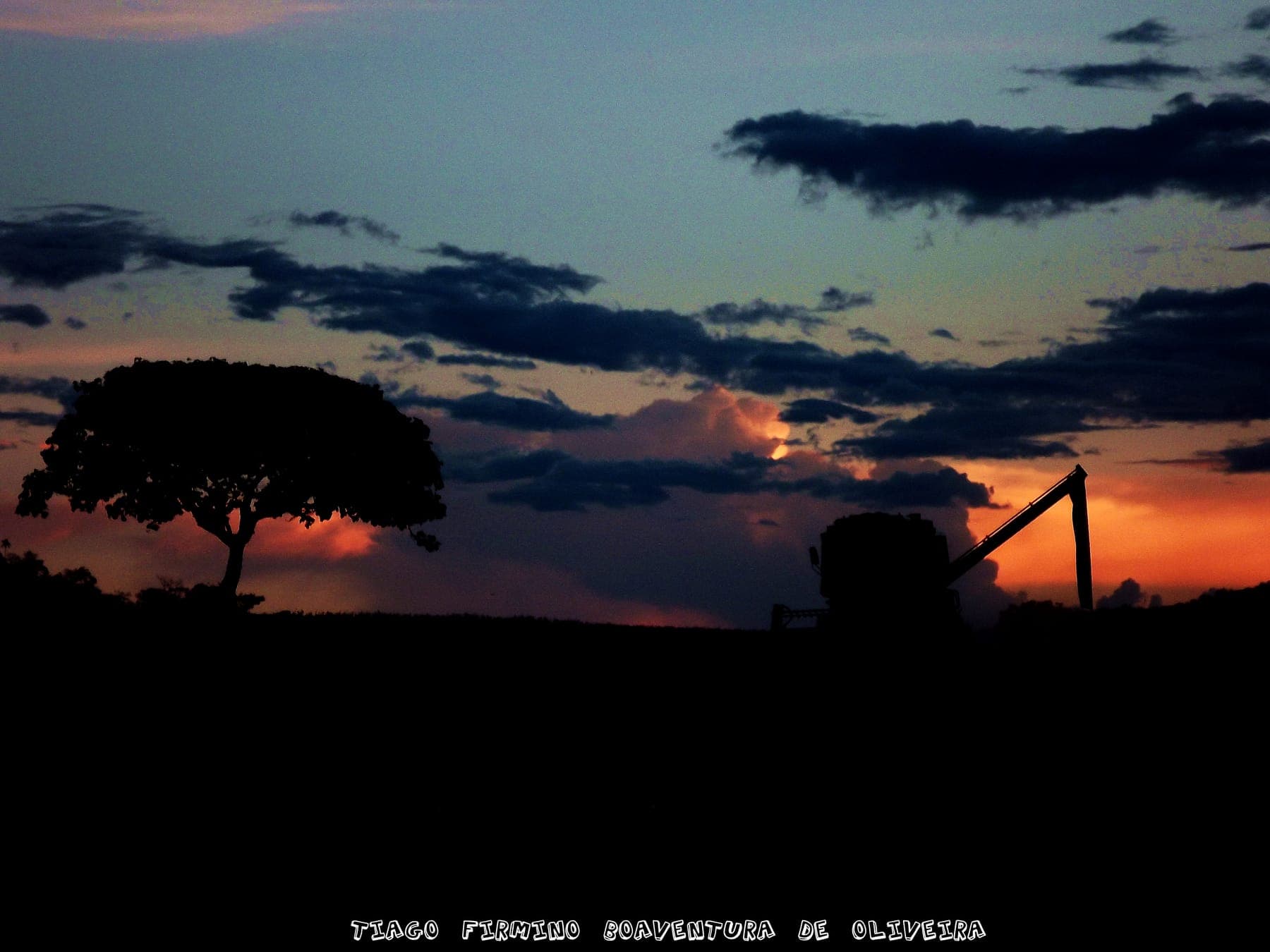 A combine harvesting soybeans in Brazil after sunset, headlights on